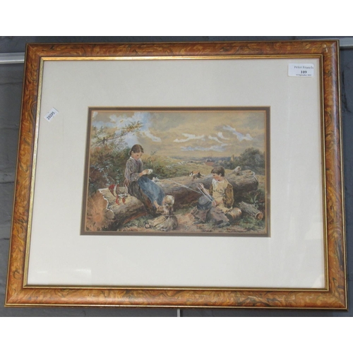 109 - After Myles Birkett Foster, a family group in a landscape, watercolours. 19 x 26cm approx. Framed an... 