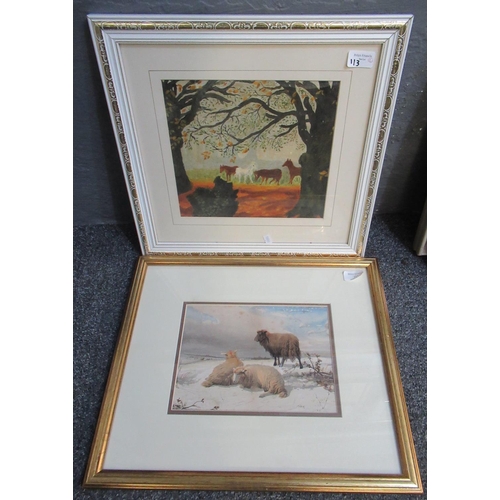 113 - After Thomas Sidney Cooper, sheep in a winter landscape, coloured print. 19 x 26cm approx. Together ... 