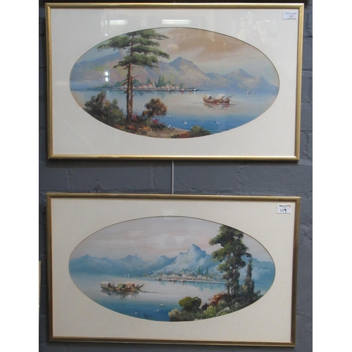 119 - H Salari, Italian lake scenes, a pair, watercolours and gouache. Oval. 29 x 58cm approx. Framed and ... 