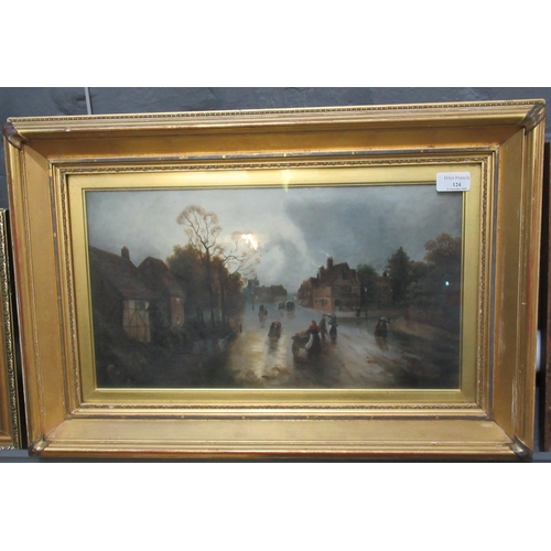 124 - British School (early 20th Century), a winters day, a street scene at dusk with figures, oils on can... 