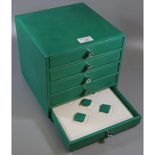 210 - Boodles green leather finish five drawer jewellery box or chest. 
(B.P. 21% + VAT)