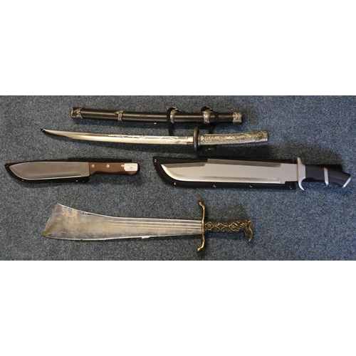 211 - Two modern Parang type bush knives, a theatrical type Arab style short sword and a theatrical type J... 