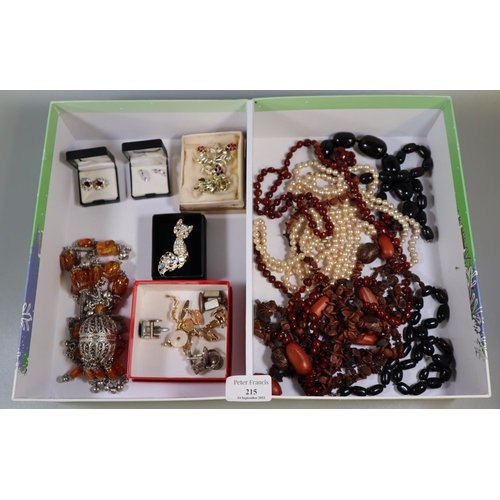 215 - Box of assorted costume jewellery and similar items to include; gents cufflinks, necklaces, fox broo... 