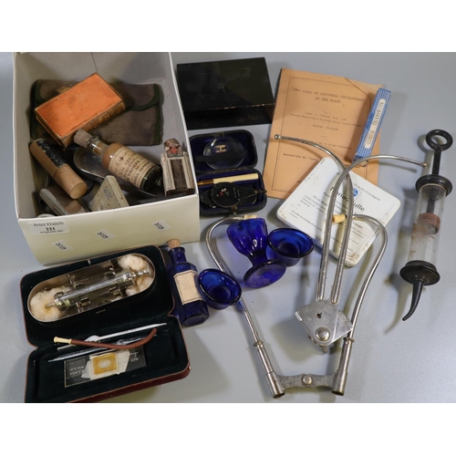 221 - Box comprising medical equipment and similar items: syringes, glass bottles, Bristol blue eye glasse... 