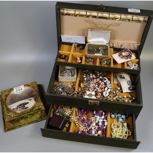 222 - Jewellery box comprising assorted costume jewellery: brooches, necklaces, silver enamelled brooch, c... 