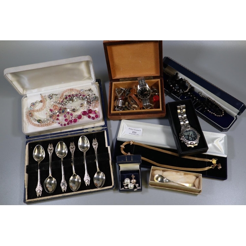 223 - Shoebox of items to include; cased set of six spoons with fox terminals, various costume jewellery, ... 