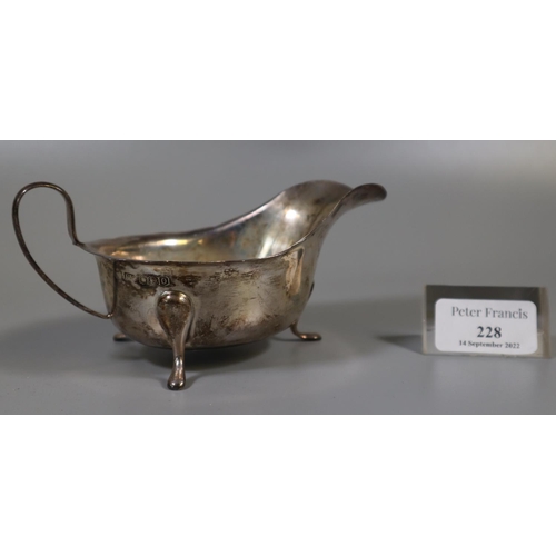 228 - Early 20th Century silver sauce boat on hoof feet, Sheffield hallmarks. 3.3 troy ozs approx.
(B.P. 2... 