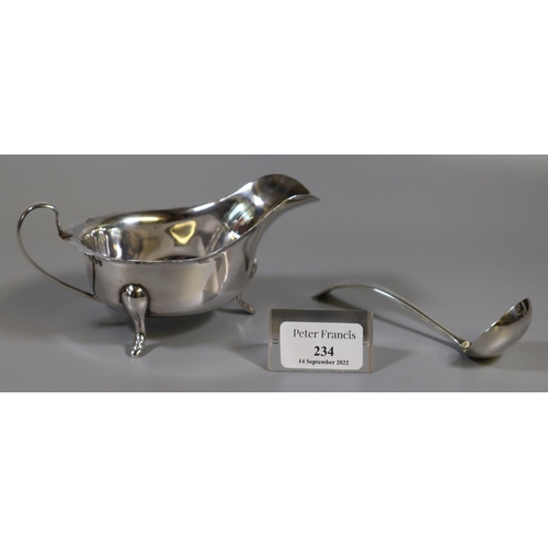 234 - Silver sauce boat and matching ladle, Emile by Emile Viner, Sheffield, 1962. 4.4 troy ozs. 
(B.P. 21... 