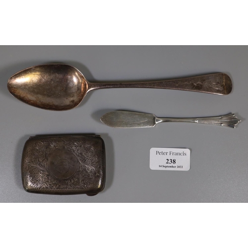 238 - Early 19th Century silver spoon (1.95 troy ozs), a silver fish knife and silver cigarette case (both... 