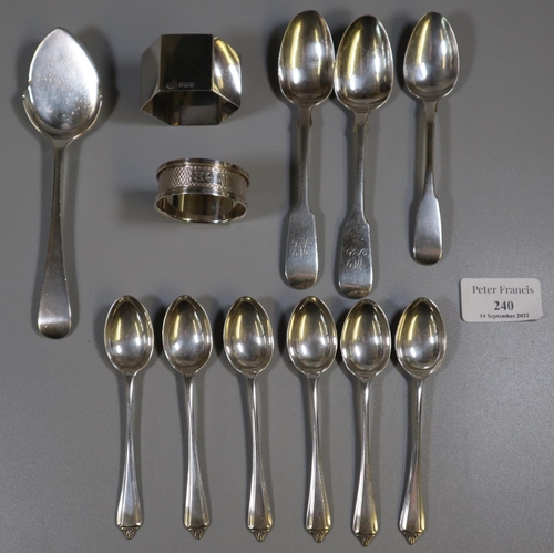 240 - Collection of assorted silver spoons, together with two silver napkin rings. 6.5 troy ozs. 
(B.P. 21... 