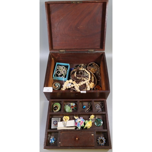 241 - 19th Century jewellery box revealing assorted costume and silver jewellery to include; a silver and ... 