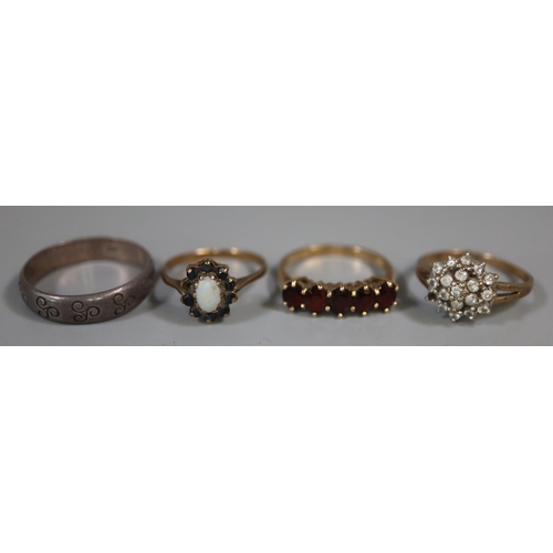 248 - Three 9ct gold dress rings, stone set and a silver engraved ring. 7g overall approx. 
(B.P. 21% + VA... 