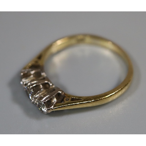 250 - Pretty 18ct gold three stone diamond engagement ring. 2.4g approx, size J. Boxed.
(B.P. 21% + VAT)