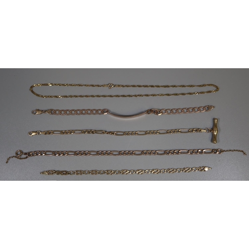 258 - Three 9ct gold bracelets and a chain. 25g approx. 
(B.P. 21% + VAT)