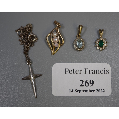 269 - Small sterling silver cross pendant on fine chain, pair of costume jewellery earrings and a similar ... 