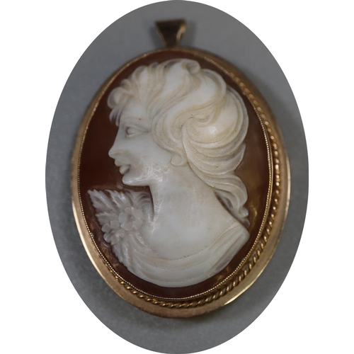 271 - 9ct gold oval shell cameo portrait pin brooch/pendant. 
(B.P. 21% + VAT)