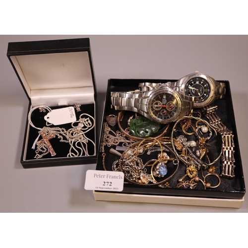 272 - Collection of silver and costume jewellery items: Clogau silver cross and two gents sports watches; ... 