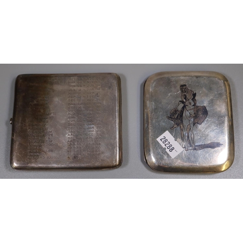 273 - Niello silver North African origin cigarette case decorated with desert scenes, together with a silv... 