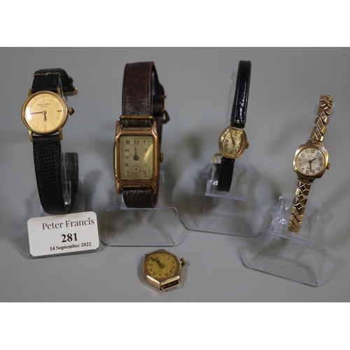 281 - Collection of ladies wristwatches; three gold, another marked Mappin & Webb quartz (possibly gold). ... 