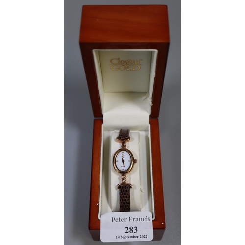 283 - 9ct Clogau gold ladies quartz wristwatch 'Classic' with crocodile strap, in original box and case. 
... 