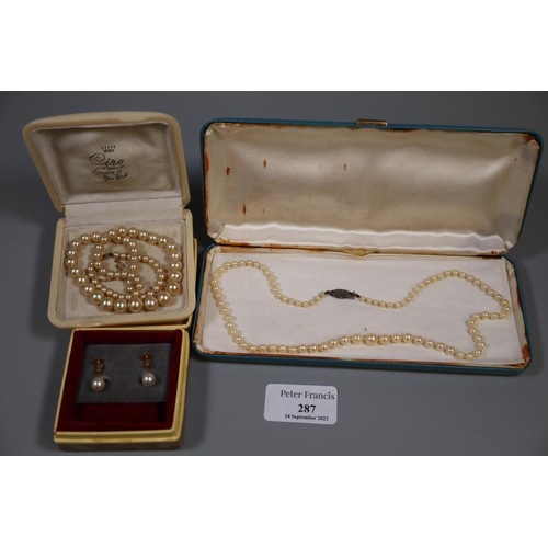 287 - Bag containing cultured pearl necklace and earrings, together with some simulated pearls.
(B.P. 21% ... 