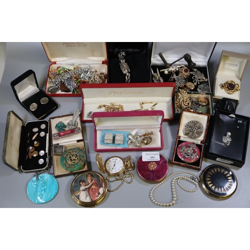 293 - Box of assorted costume jewellery and other items to include; vintage and other brooches, lockets an... 