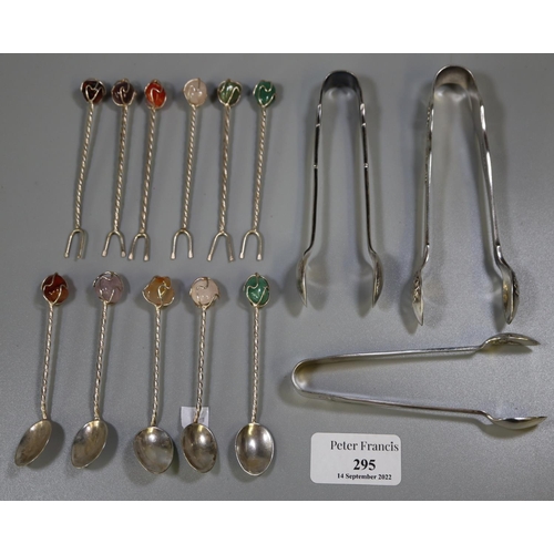 295 - Bag of silver plate coffee espresso spoons and forks with semi-precious stones and twisted handles. ... 