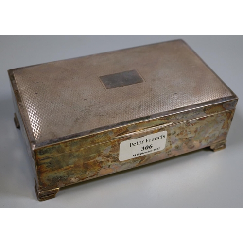 306 - Silver rectangular shaped engine turned cigarette box with wooden lining and plastic base. 15.5 troy... 