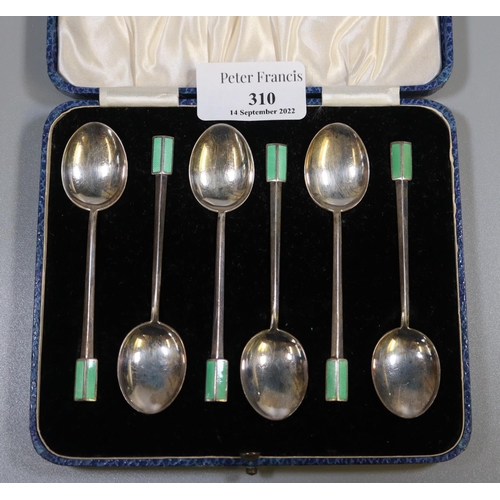 310 - Cased set of six Art Deco design silver coffee spoons. Birmingham hallmarks. 1.6 troy ozs approx.
(B... 