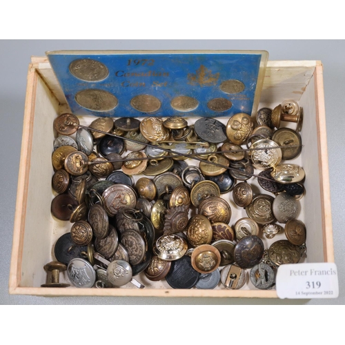 319 - Box of assorted military buttons and badges, 1972 Canadian coin set, hat pins etc. 
(B.P. 21% + VAT)