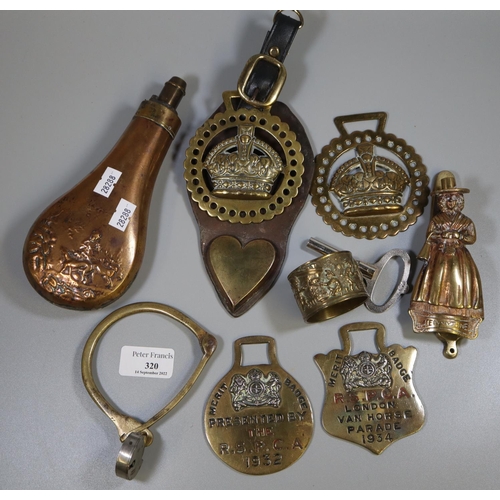 320 - Collection of horse brasses, napkin rings, a repousse shot flask etc.
(B.P. 21% + VAT)