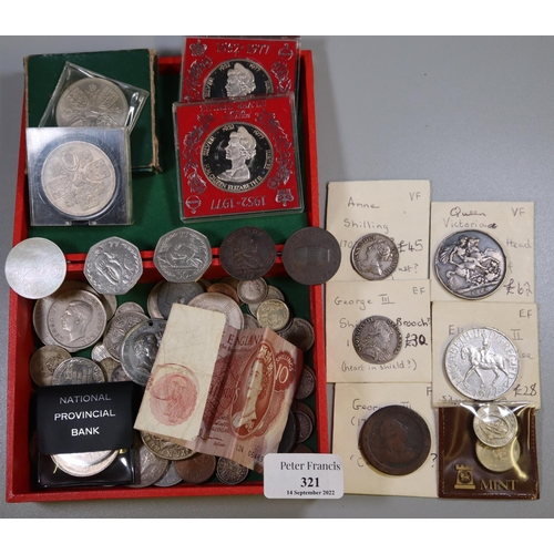 321 - Small box of assorted coins and bank notes to include; crowns, 10 shilling note, Victorian silver cr... 