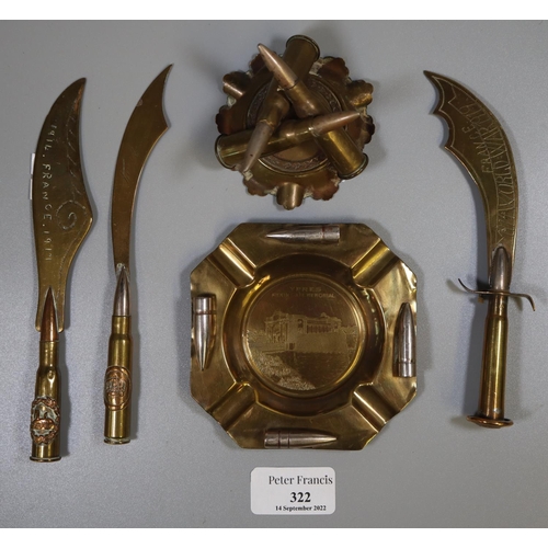 322 - Trench art items to include; brass ashtray 'Ypres', another brass ashtray with bullet mounts 'Ypres,... 