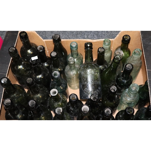 333 - Box containing various coloured and clear glass bottles many named to include; Hargreaves & Sons Lla... 