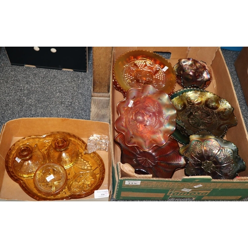 334 - Two boxes of glassware; one box of various carnival glass bowl and the other containing a yellow gla... 