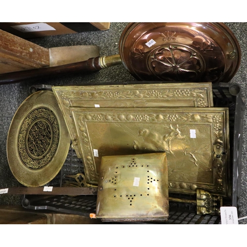 336 - Box of assorted metalware to include; a copper bedwarmer and a brass one, brass Islamic design charg... 