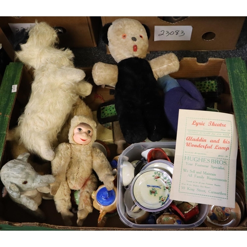 338 - Box of vintage toys to include soft toy camel, monkey, elephant, miniature wooden painted furniture,... 