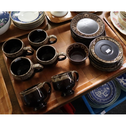 341 - Tray of art pottery dark brown glazed teaware and a tray of Colclough floral teaware: teacups and sa... 