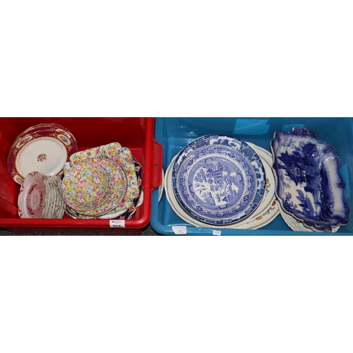 346 - Two boxes of assorted china to include; Radfords Crown china floral plates, other floral plates, blu... 