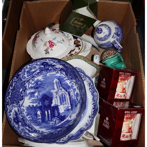 348 - Box of assorted china to include; Royal Albert mugs in original boxes, blue and white 'Abbey' centre... 