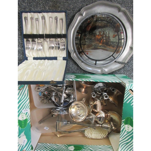 358 - Box of assorted mostly metalware to include; cased forks, pewter plate, painted glass ornament with ... 