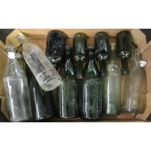 359 - Box of glass bottles to include; dark green bottles marked 'Rogers Bristol', clear soda bottles mark... 