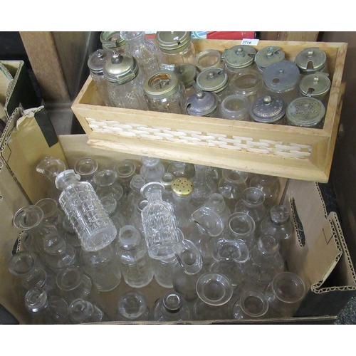 361 - Box of glassware to include; selection of moulded and cut glass vinaigrette bottles, some with ponti... 