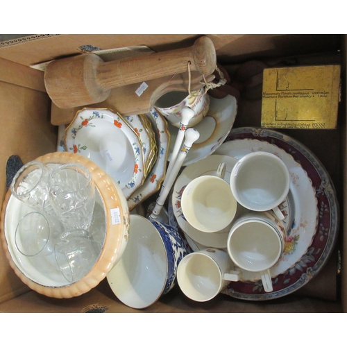 363 - Box of assorted items to include; treen, butter pats, money box marked 'India for Christ, Welsh Pres... 