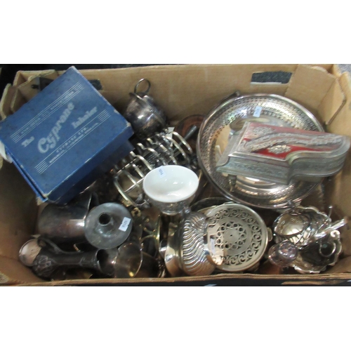 370 - Box of metalware to include; boxed 'The Cyprane Inhaler' portable anaesthetic machine, milk jug, two... 