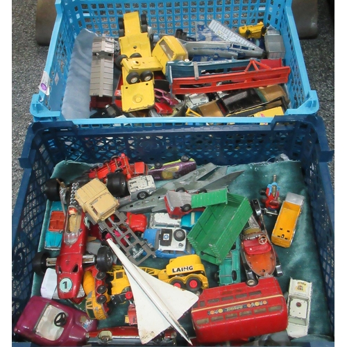 372 - Two boxes of assorted play worn diecast vehicles to include; Tonka digger, Tri-ang railways 7482 car... 