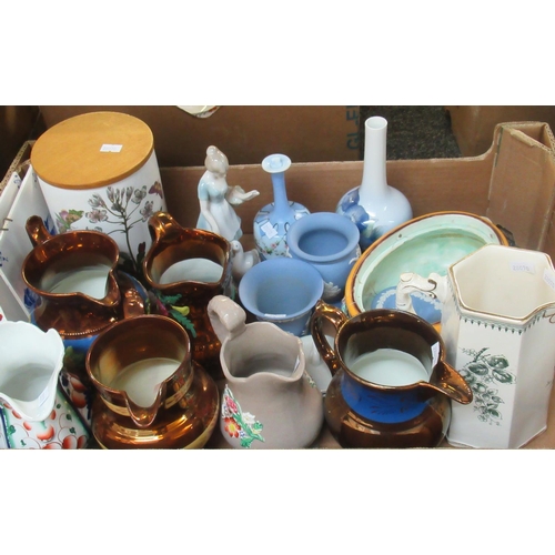 376 - Box of assorted china to include; copper lustre dresser jugs, other dresser jugs including Gaudy Wel... 