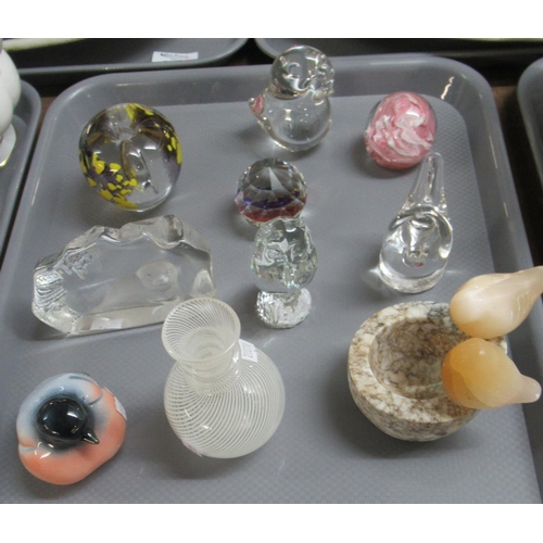 381 - Tray of mainly glassware to include; intaglio seal desk or paperweight, other paperweights, one in t... 