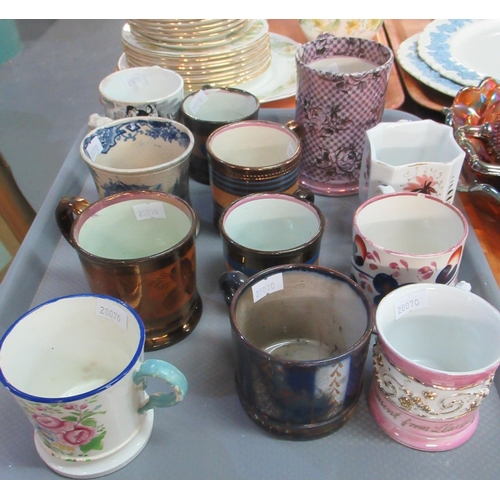 390 - Tray of 19th Century mugs, transfer printed designs, lustre, copper lustre, Imari etc. 
(B.P. 21% + ... 