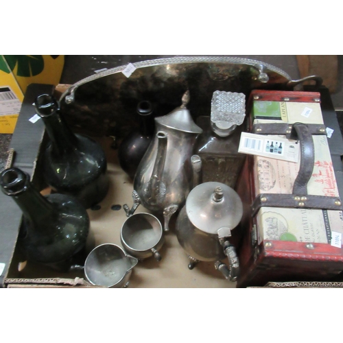 395 - Box of items to include; two green glass vintage bottles marked T. Benedictine, silver plated teaset... 